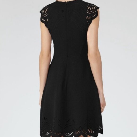 Reiss Kathy Black Laser Cut Out Scalloped Knee Length Short Cap Sleeve Dress 2 - Picture 3 of 5
